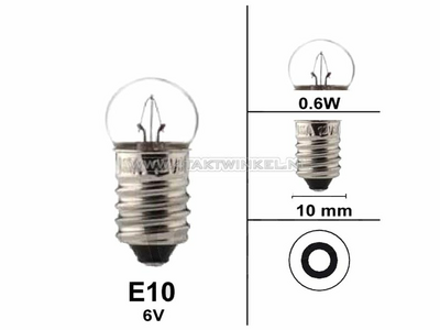 Lamp E10 schroef fitting, enkel,  6 volt, 0,6 watt